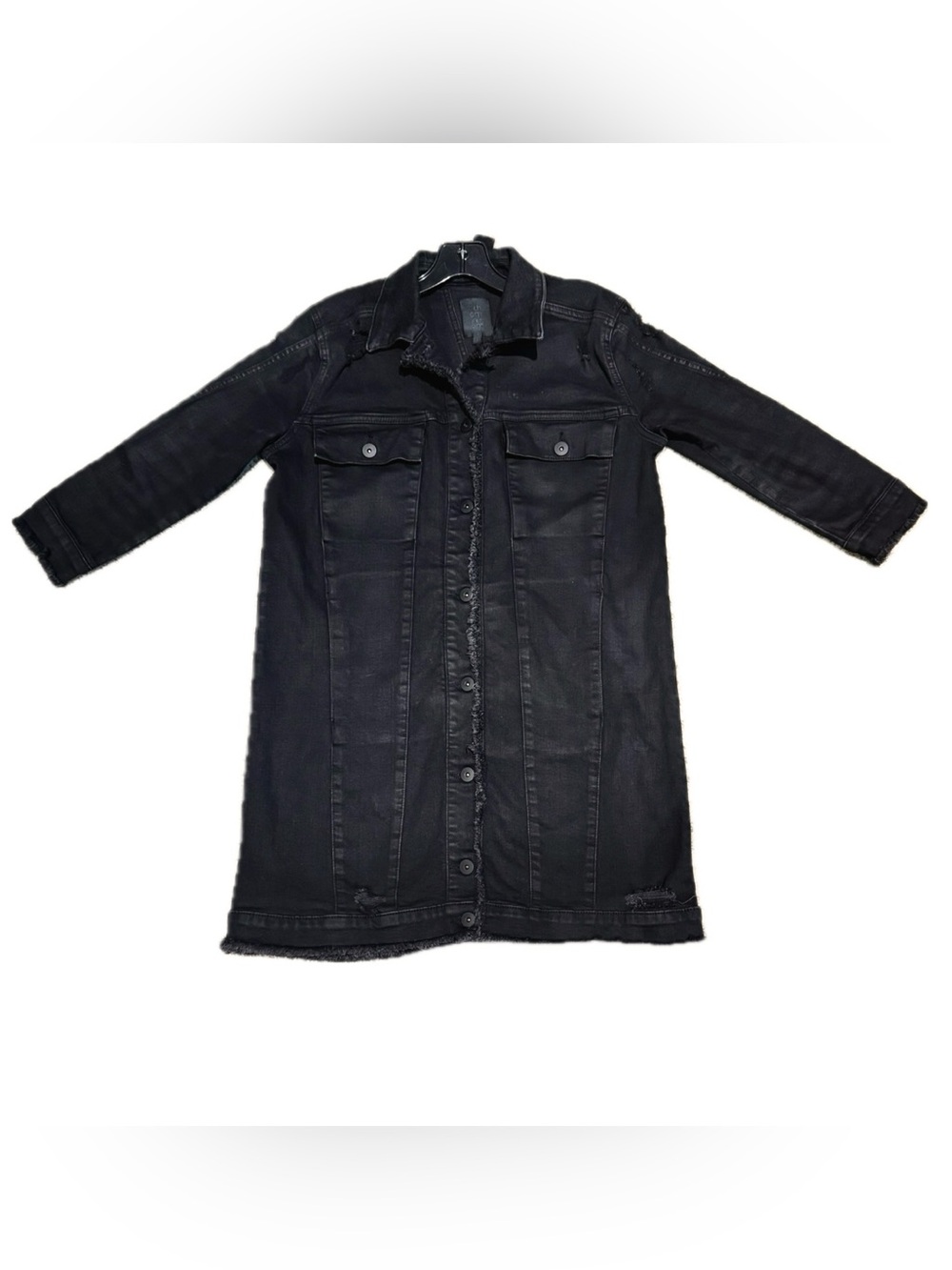 THOM/KROM Black Coated Raw Edge Stretch Denim Distressed Long Jacket Coat | Sz S